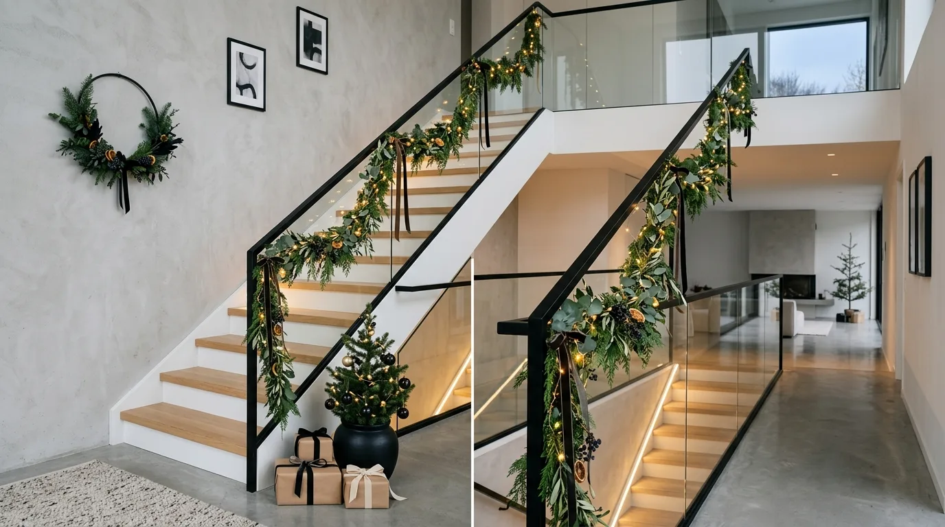 Use bows where the railing needs stronger emphasis inspiration for a Christmas staircase.